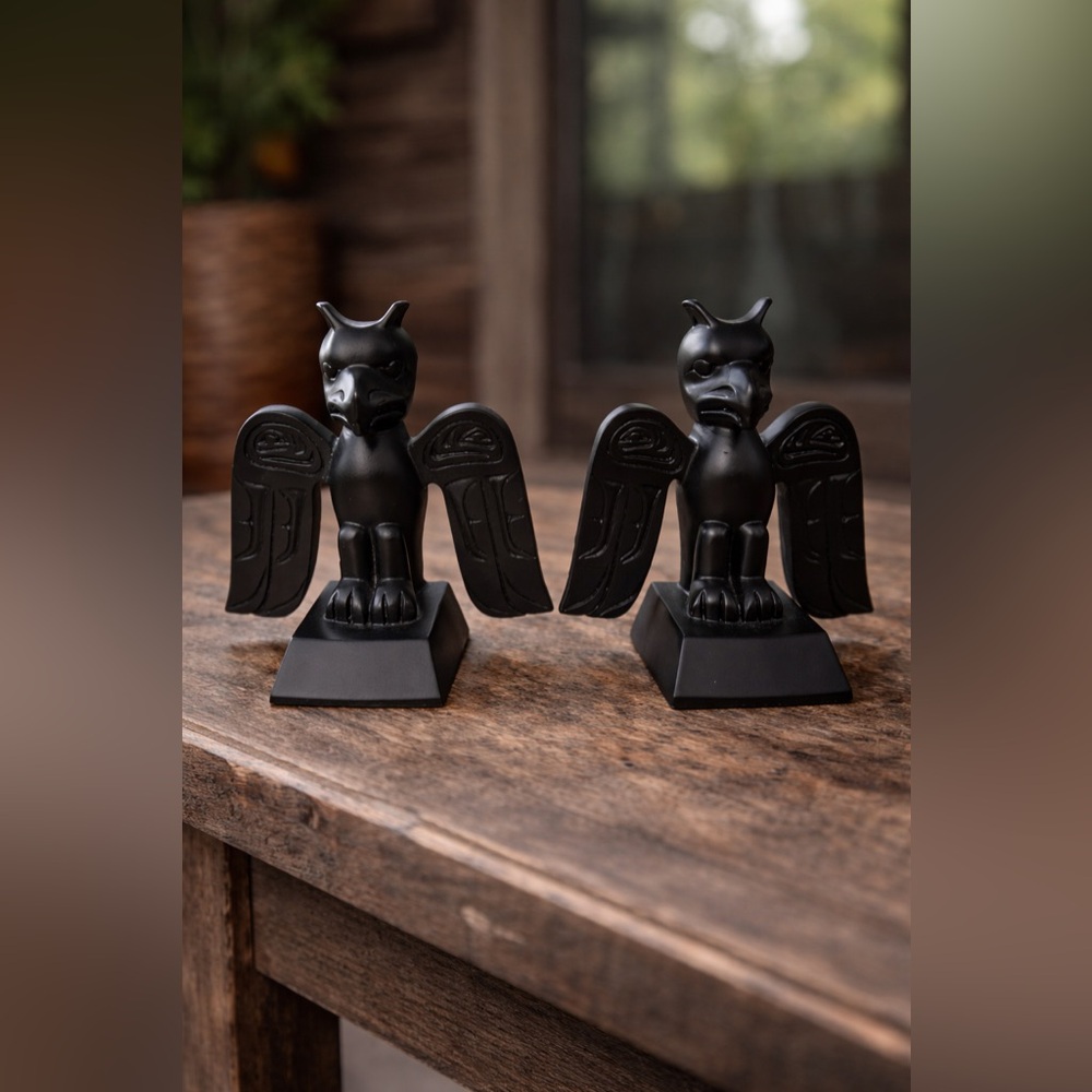 PAIR of Black Thunderbird Figurines • Indigenous-Inspired Totem Style Made in 🇨🇦